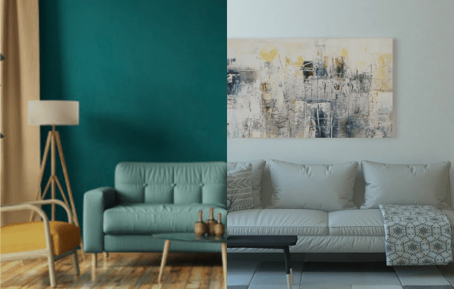 La foto prima e dopo di una zona divano poste una affianco all'altra. Lavoro compiuto grazie al Feng Shui e i colori.