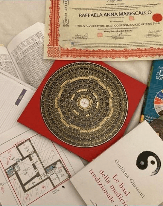 Insieme di manuali e testi utilizzati nel percorso di studi del feng shui professionale di Raffaela Marescalco.