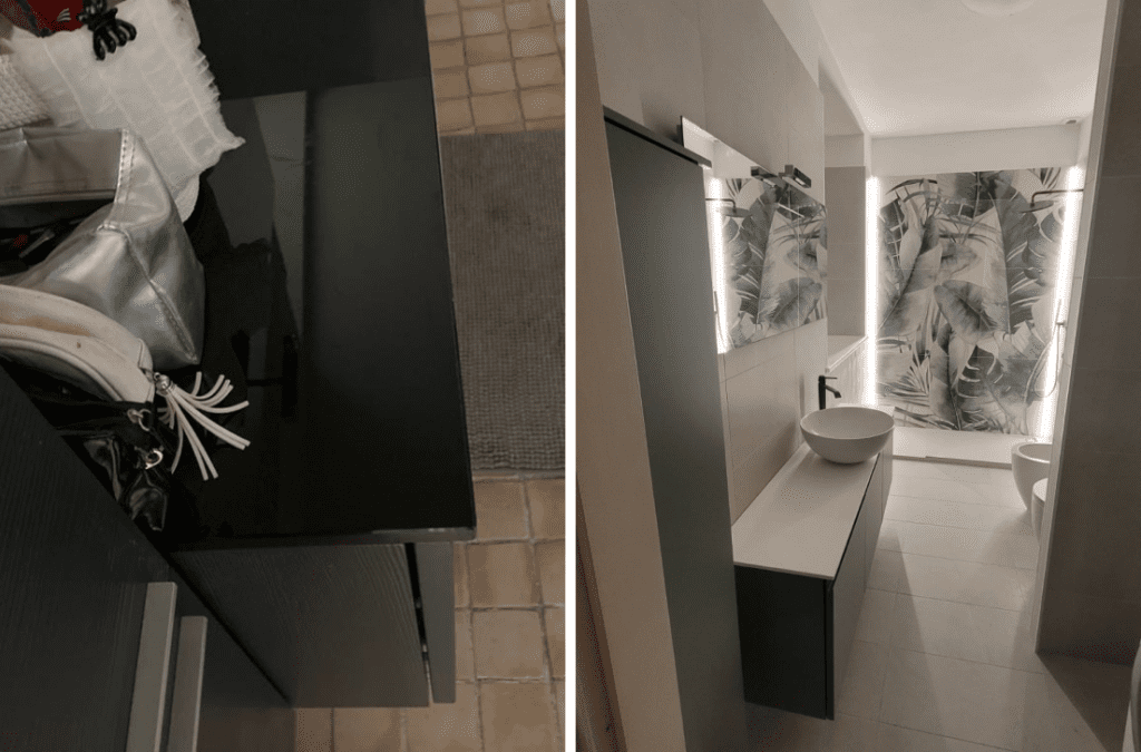 in questo caso l'apertura della porta rendeva difficile l'ingresso nel bagno e di fatto lo rendeva ancora più piccolo... questo accorgimento unito al senso che questo verde avrebbe dato alla cliente hanno reso possibile questo risultato.